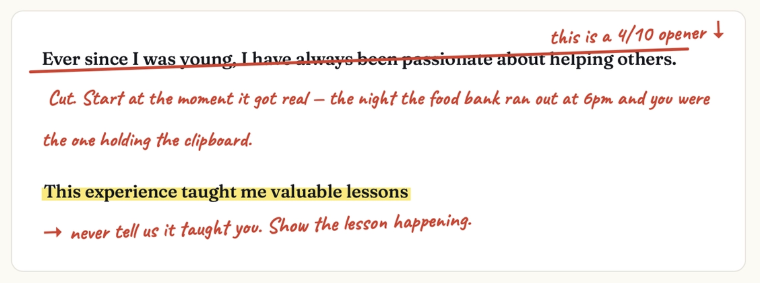 Sample essay feedback showing line-by-line annotations
